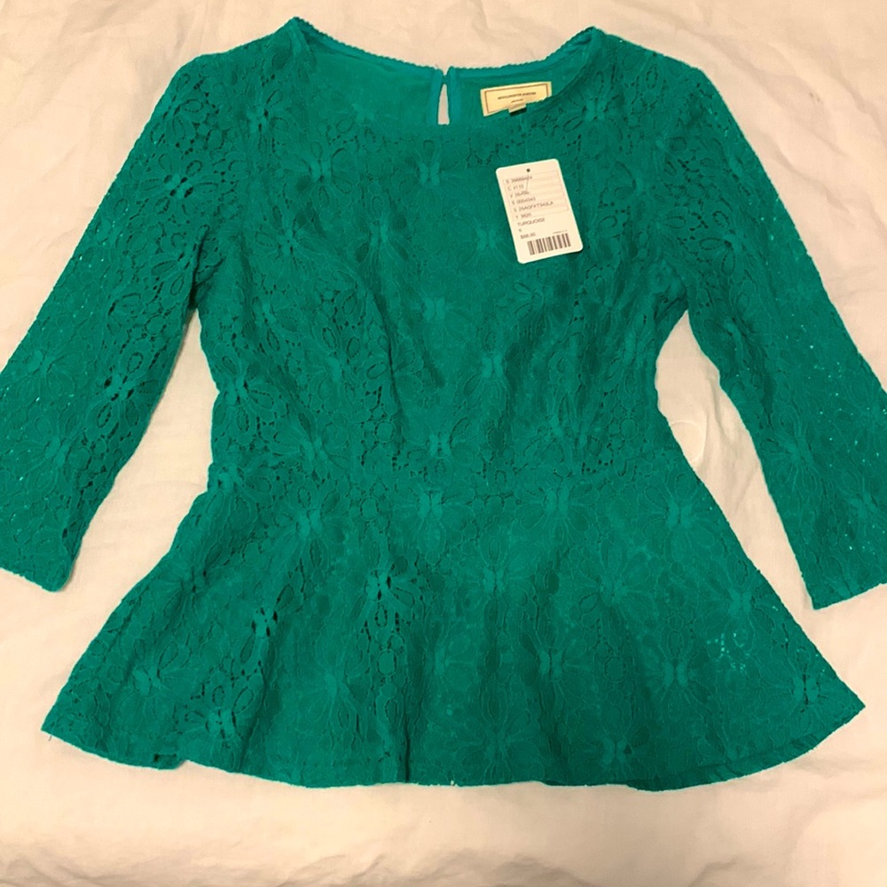 NWT Anthropologie Peplum Lace 3/4 sleeve Blouse - Emerald